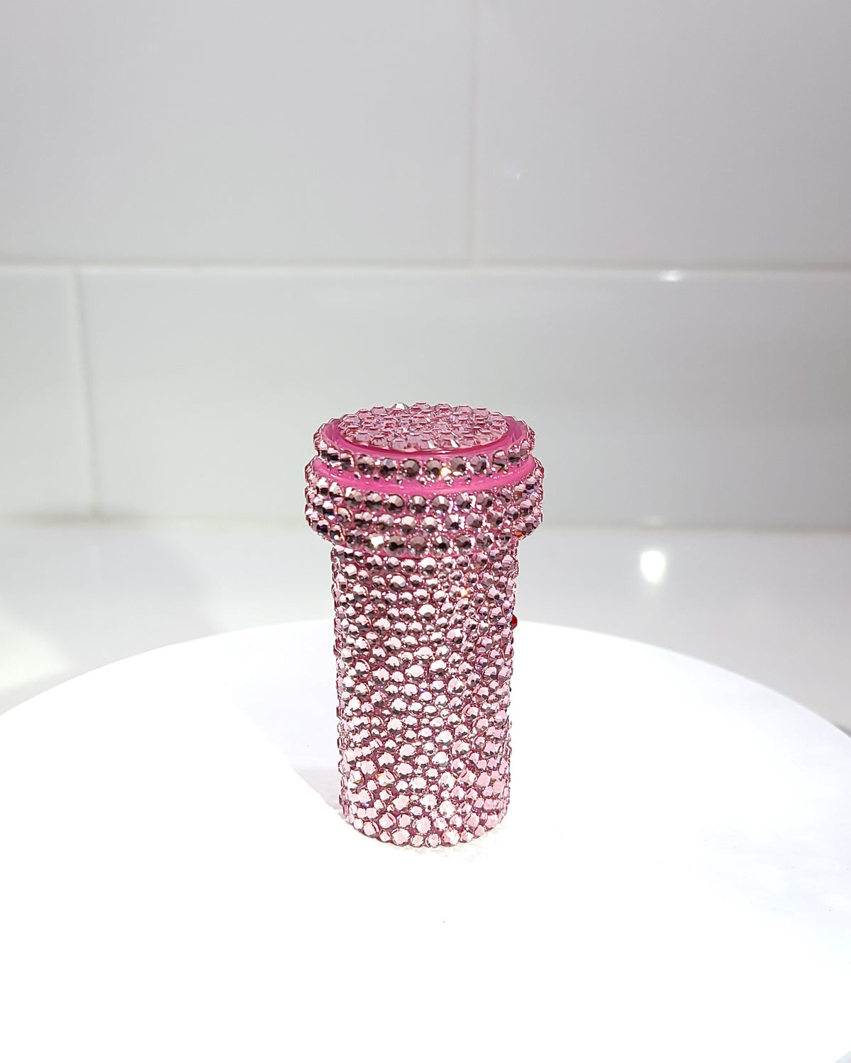 The "MOM" Pill Bottle, a fully rhinestoned pill bottle with an entirely pink back.