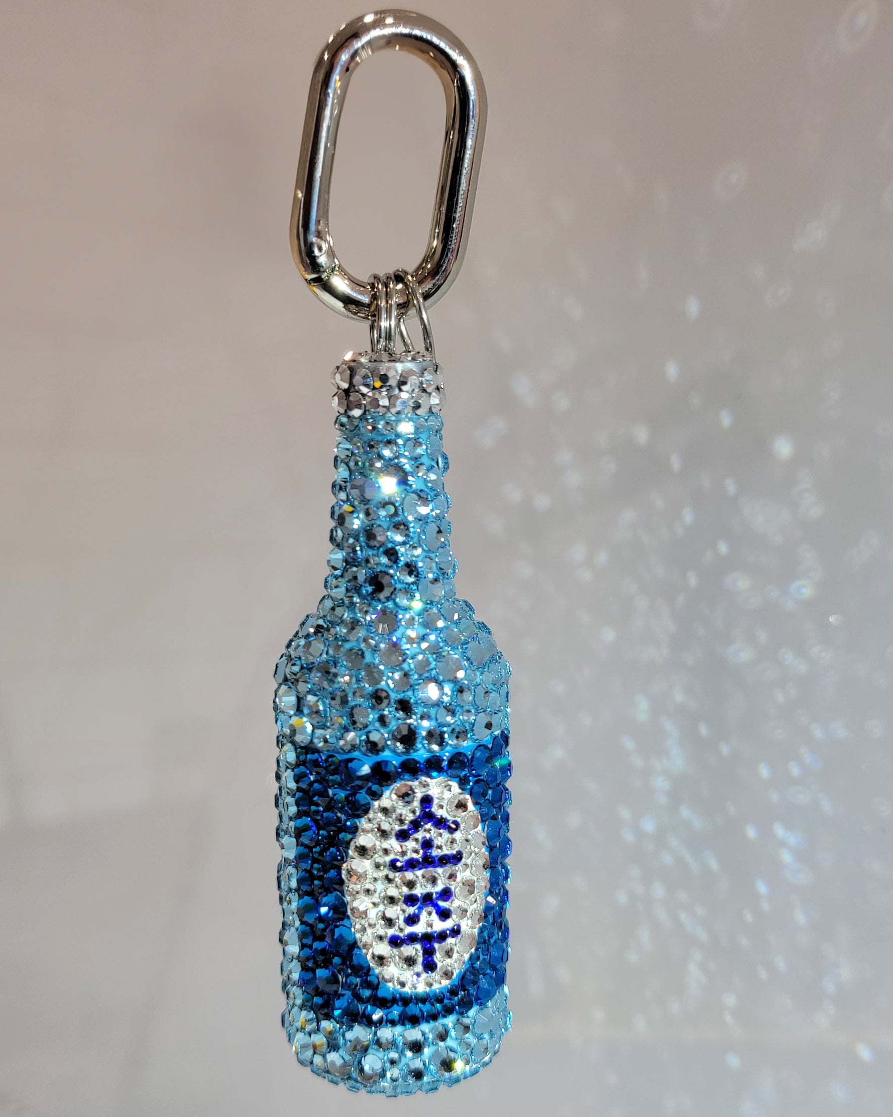 "Fresh" Soju keychain (a blue soju bottle with a blue and white label, featuring silver keychain hardware)